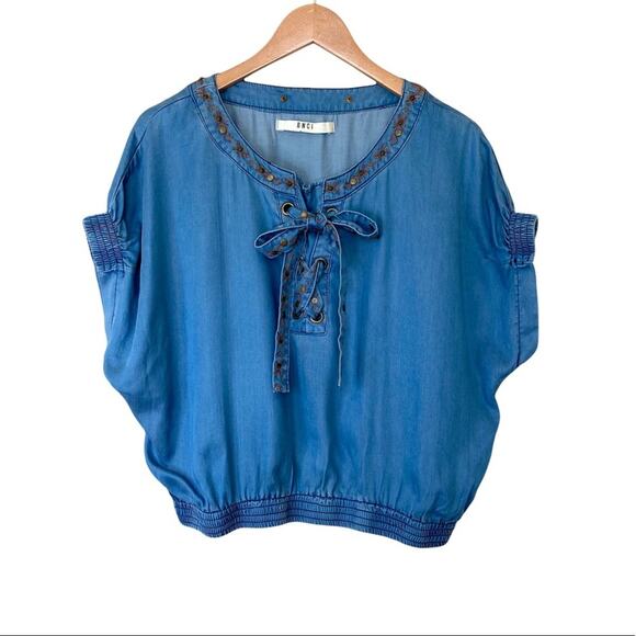BNCI blue chambray tie front embroidered studded short sleeve boho western top M - Picture 1 of 13